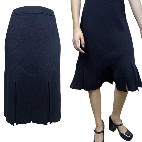 St. John Santana Knit Skirt Sz 6 Carwash Pleated Slit DarkAcademia Goth Preppy - Picture 1 of 16